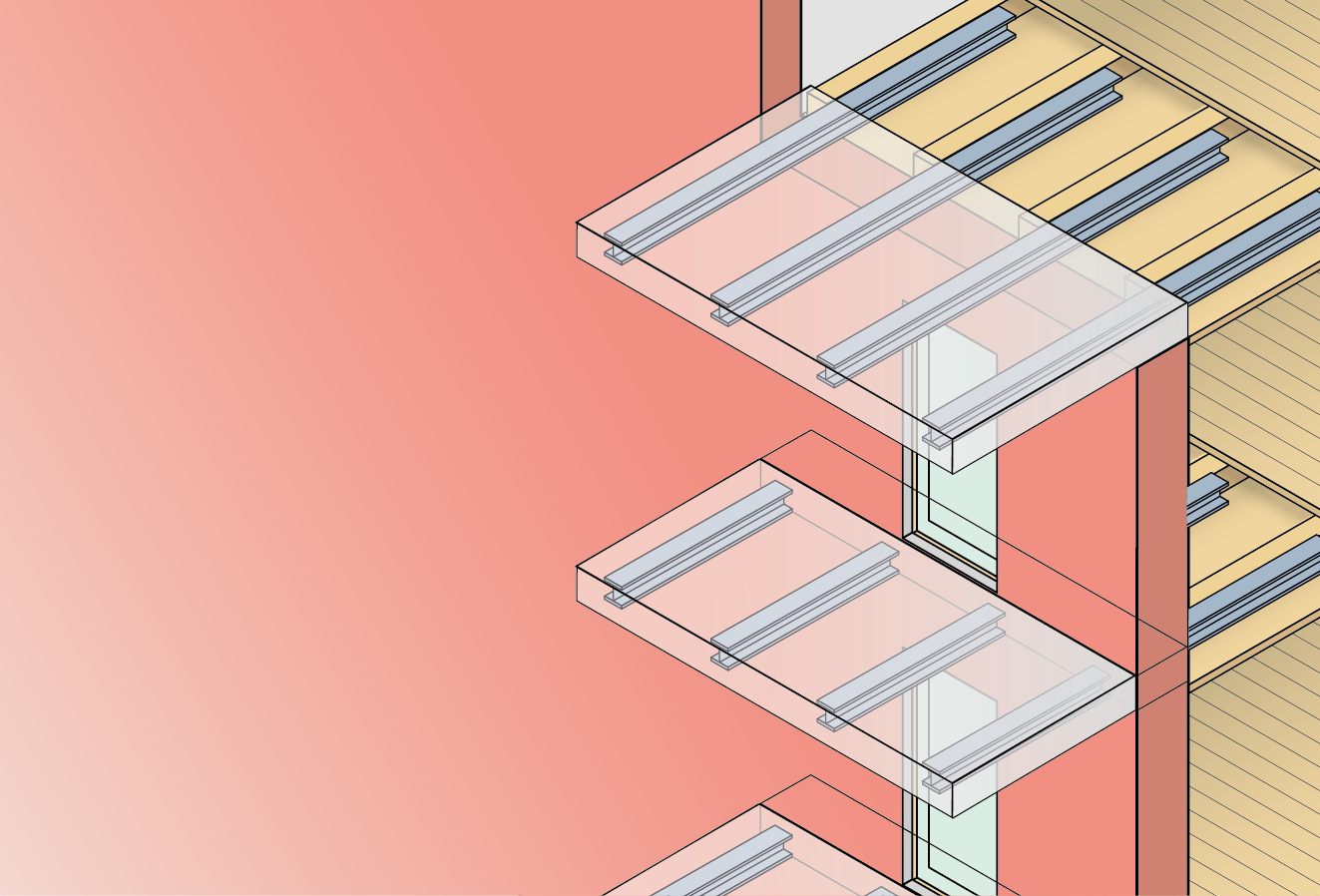 Tegning af Udkragede altaner med udliggerjern.
