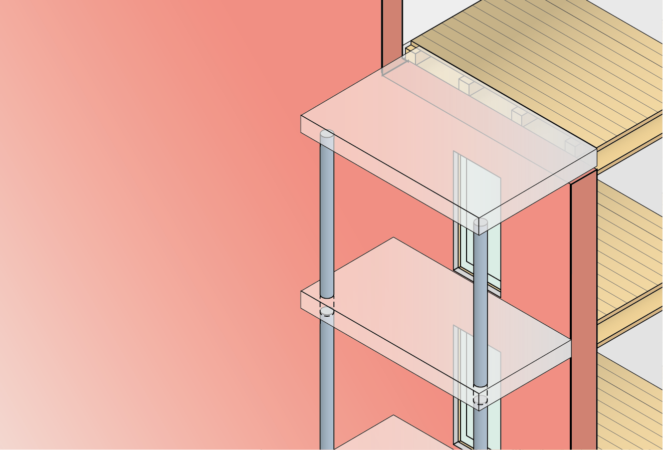 Tegning af søjleunderstøttende altaner