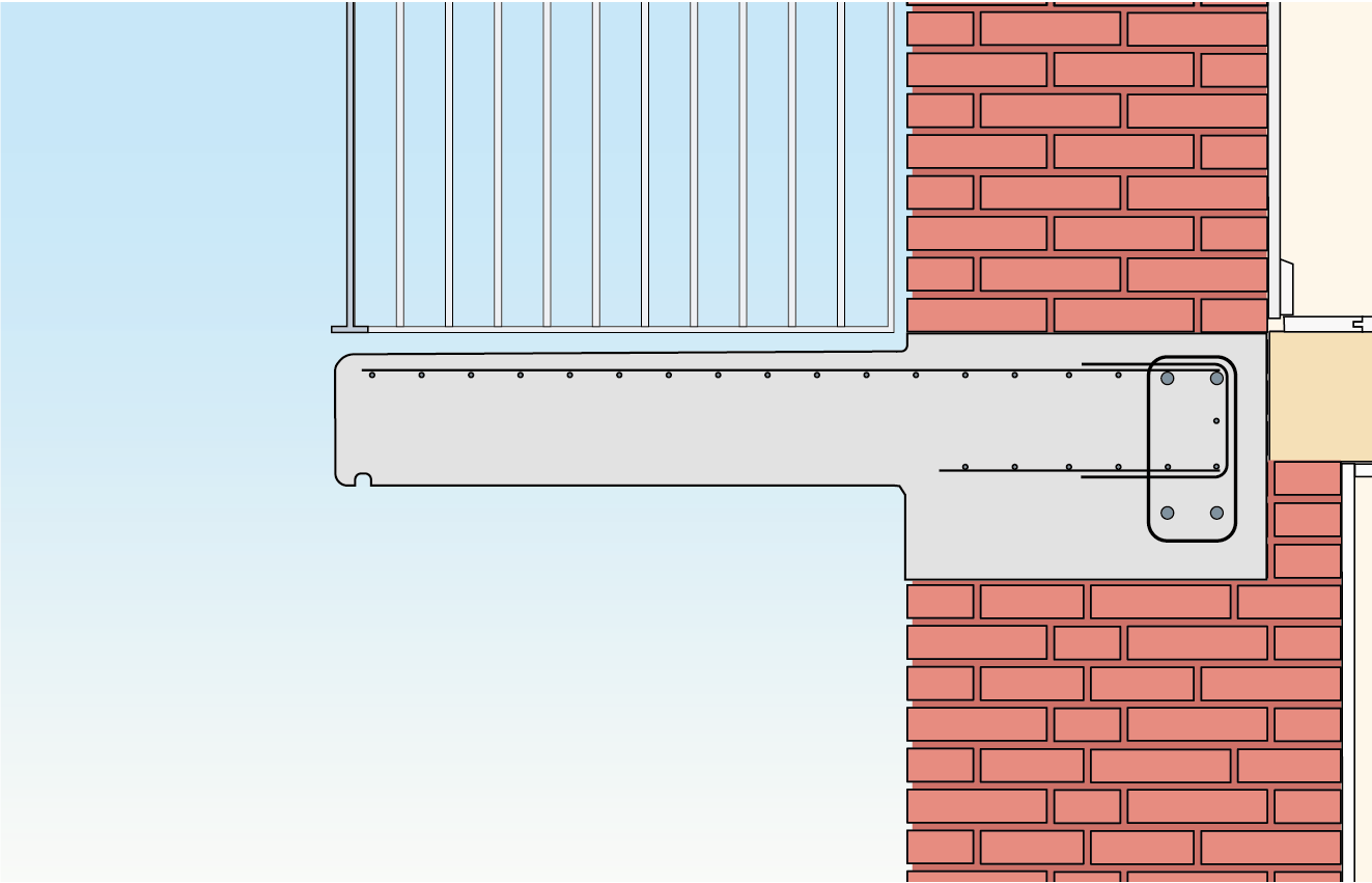 Tegning af altan indspændt i massivt murværk