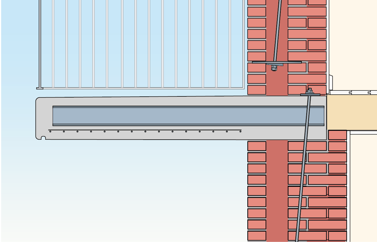 Tegning af altan  med indstøbt stag nederst i hulmur