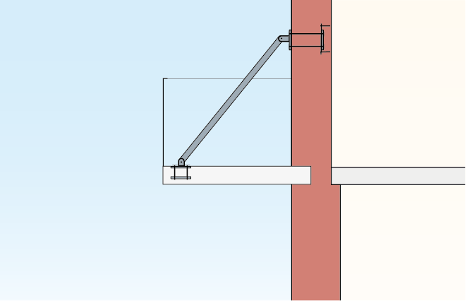 Tegning af ophængt altan med skråstag