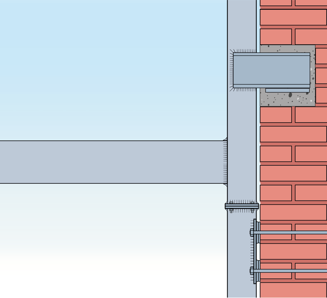 Tegning af samlingers fastgørelse af liséner til facaden, nederst fastgørelse med boltforankring, øverst indstøbt stålprofil
