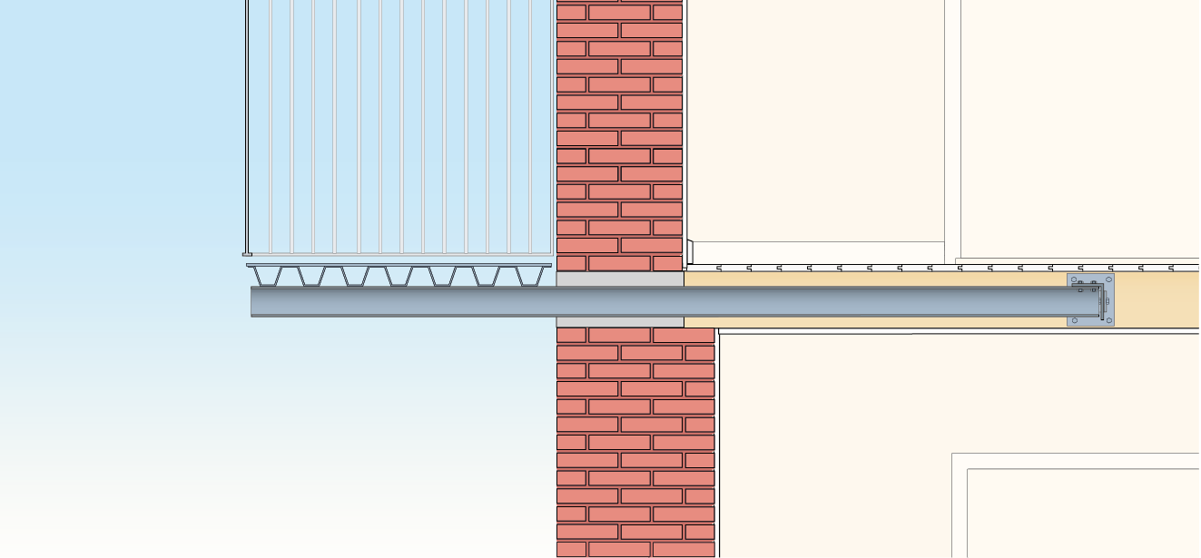 Tegning af let altan indspændt i etagedæk med udliggerjern