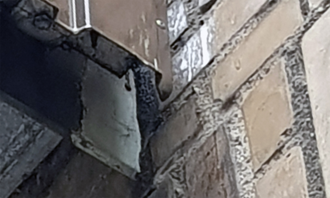 Foto af mosbegroning og  kalkudfældninger på murværk ved altan