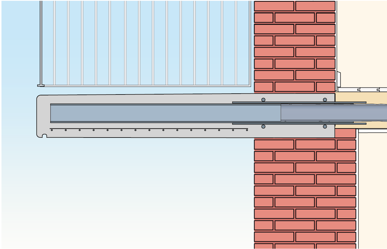 Tegning af manchetløsning på tung altan indspændt i etagedækket med udliggerjern