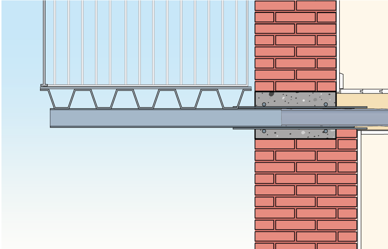 Tegning af manchetløsning  på let altan indspændt i etagedækket med udliggerjern