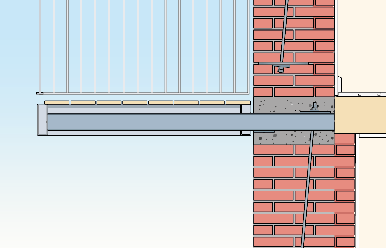 Tegning af altan med indstøbt stag i massiv mur