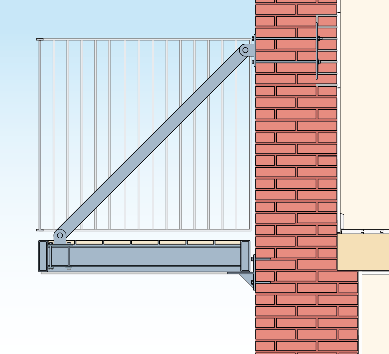 Tegning af ophængt altan i massiv mur med bagplade i træksamling