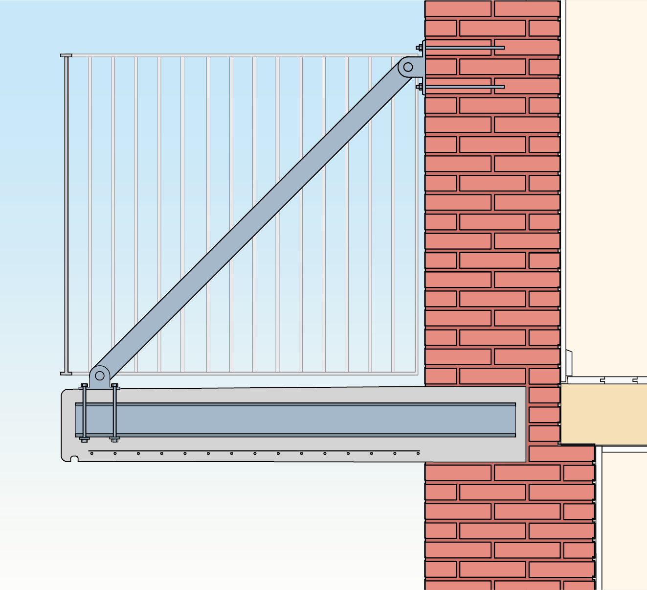 Tegning af ophængt  altan i massiv mur med indlimede ankre i træksamling